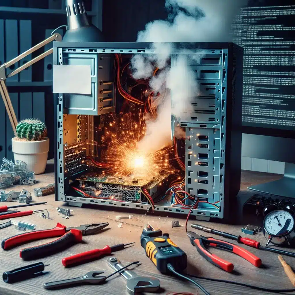 an obviously distressed pc emitting high heat and light with smoke perhaps caused by a short between the keyboard and the chair.