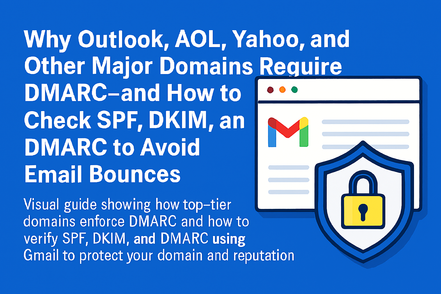 Visual guide showing how Outlook.com enforces DMARC and how to verify SPF, DKIM, and DMARC using Gmail to protect your domain and email reputation.